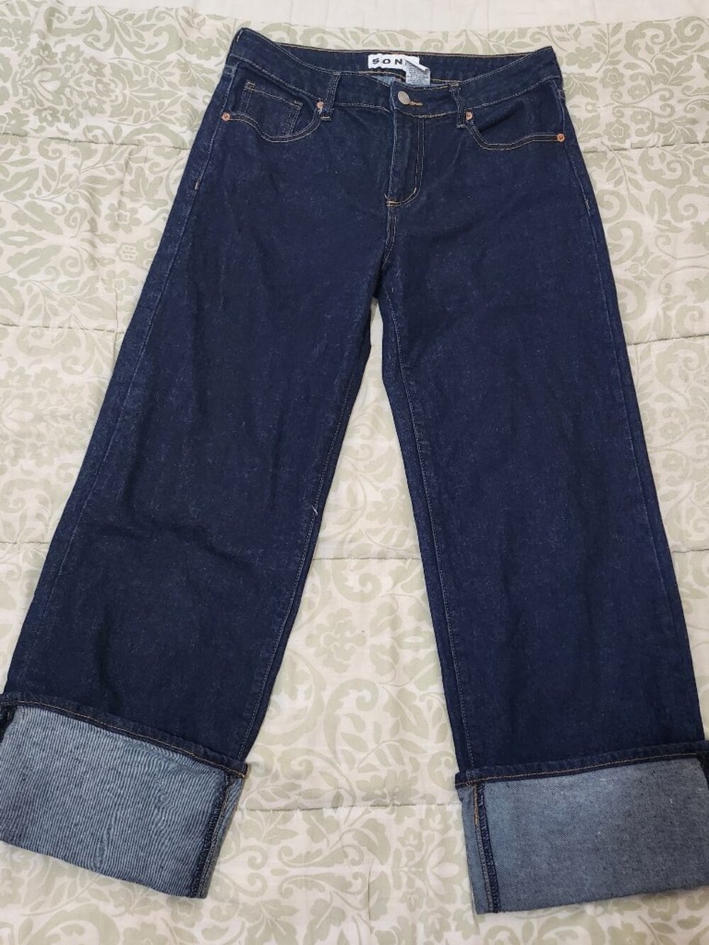 Women’s Mid Rise Wide Leg Cuffed Dark Denim Jeans SONG Size 9/29